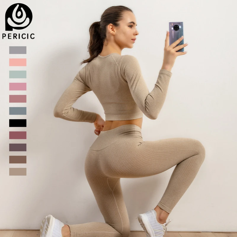 

Pericic Ribbed Women Sport Suit Yoga Set Workout Clothes Long Sleeve Fitness Crop Top High Waist Seamless Leggings Set 2 Piece