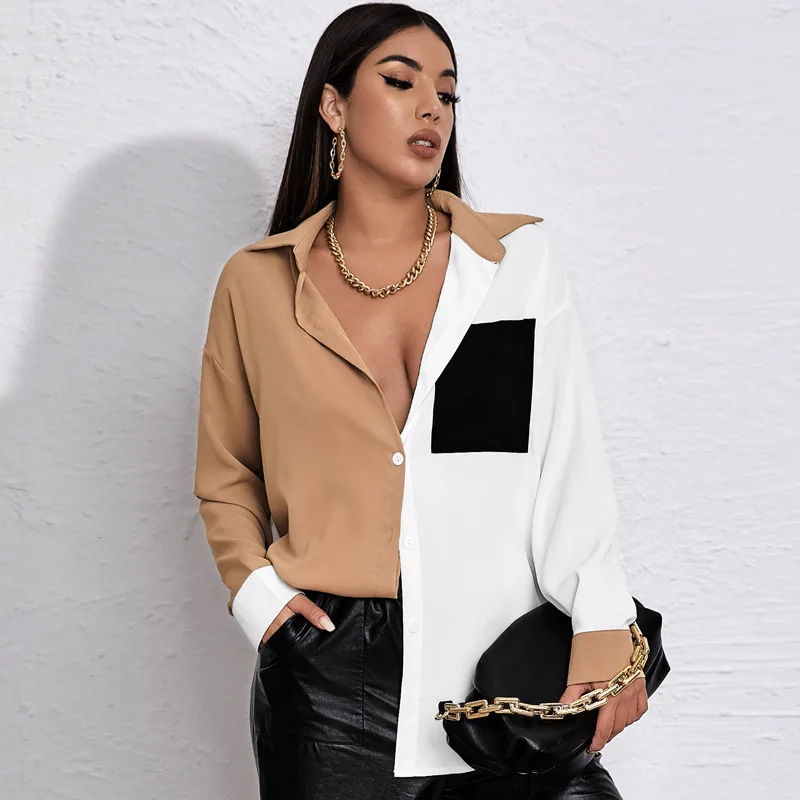 Women Shirts Button Lapel Top Fashion Patchwork Lady Loose Long Sleeve Shirt Pockets 2022 Spring Autumn Casual Blouses
Women Shirts Button Lapel Top Fashion Patchwork Lady Loose Long Sleeve Shirt Pockets 2022 Spring Autumn Casual Blouses