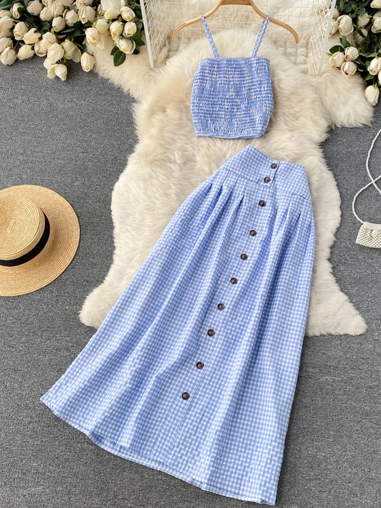 FTLZZ New Summer Casual Women Plaid Two Piece Sets Sexy Strapless Crop Top and Single Breasted Beach Skirt
FTLZZ New Summer Casual Women Plaid Two Piece Sets Sexy Strapless Crop Top and Single Breasted Beach Skirt