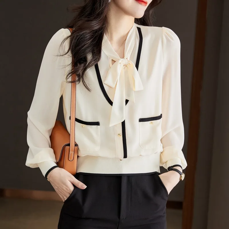 Fashion Long Sleeve Shirts Women's Bow Chiffon Blouse Women V Neck Female Clothing Office Lady Tops New Elegant 28765 
Fashion Long Sleeve Shirts Women's Bow Chiffon Blouse Women V Neck Female Clothing Office Lady Tops New Elegant 28765