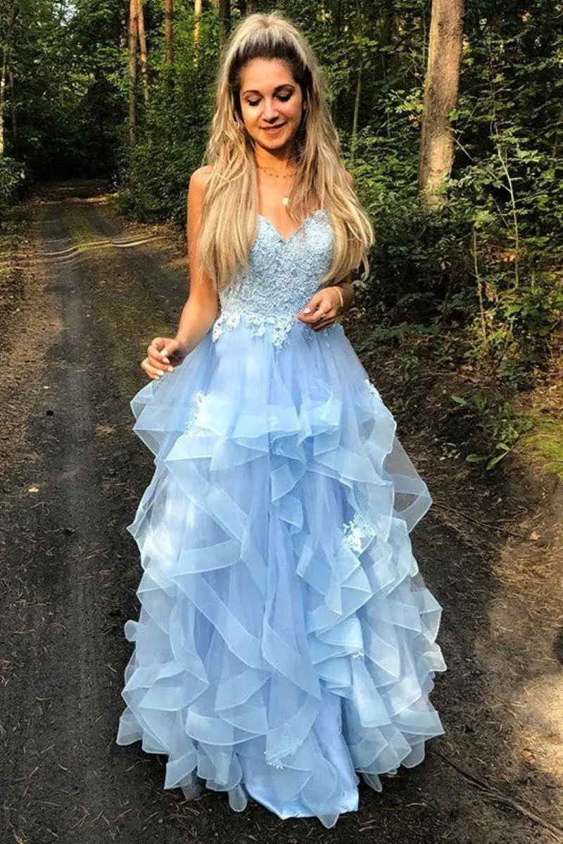 Light Sky Blue A Line Long Prom Dresses New Applique Tiered Tull Sleeveless Floor Length Formal Evening Party Gown
Light Sky Blue A Line Long Prom Dresses New Applique Tiered Tull Sleeveless Floor Length Formal Evening Party Gown