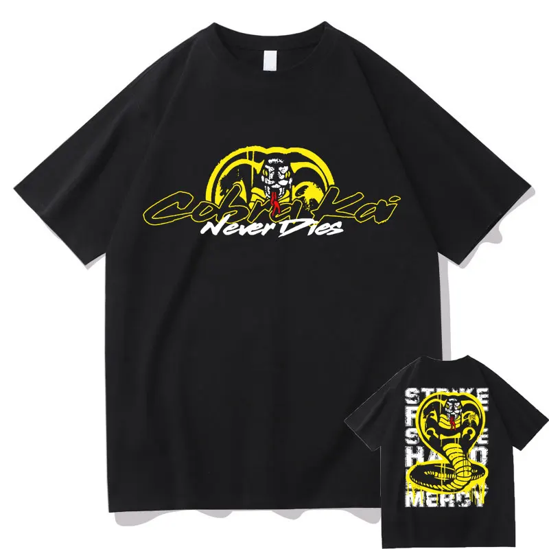 Classic Vintage Cobra Kai Graphic Print T-Shirt Karate Strike First Strike Hard No Mercy Men Women Cotton T Shirt Fashion Tshirt
Classic Vintage Cobra Kai Graphic Print T-Shirt Karate Strike First Strike Hard No Mercy Men Women Cotton T Shirt Fashion Tshirt