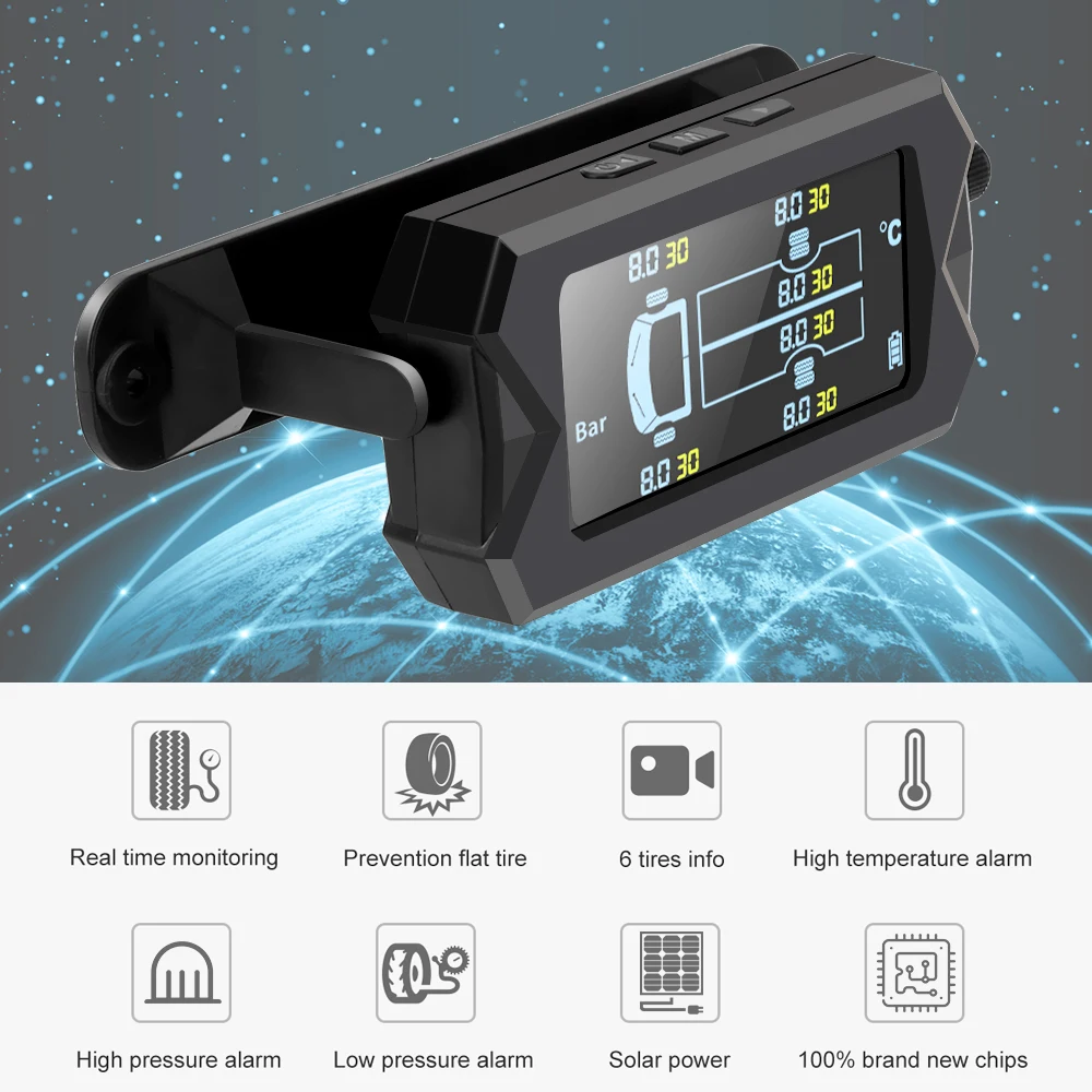 Car Truck TPMS With 6 External Sensors Wireless Tyre Pressure Alarm Tire Pressure Monitoring System Solar Power & USB Charging
Car Truck TPMS With 6 External Sensors Wireless Tyre Pressure Alarm Tire Pressure Monitoring System Solar Power & USB Charging