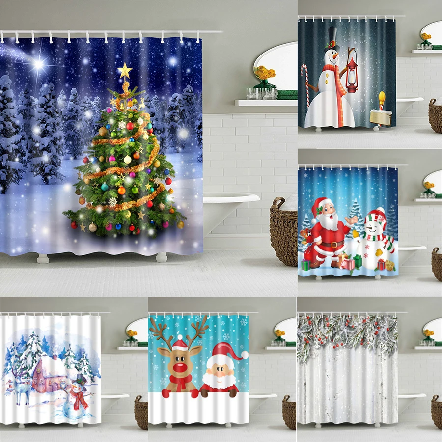 

Merry Christmas Santa Claus Snowman Deer Christmas Present Bathroom Shower Curtains Frabic Waterproof Polyester Bathroom Curtain