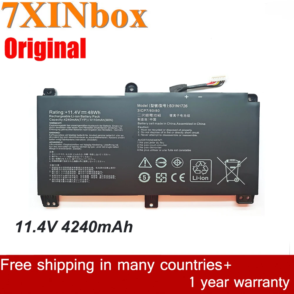 7xinbox 11,4 в 48 Втч 4240 мАч B31N1726 запасная батарея для ноутбука ASUS FX80GE FX80GM FX504GE FX505DY TUF565GD TUF565GE PX504GD
7xinbox 11,4 в 48 Втч 4240 мАч B31N1726 запасная батарея для ноутбука ASUS FX80GE FX80GM FX504GE FX505DY TUF565GD TUF565GE PX504GD
