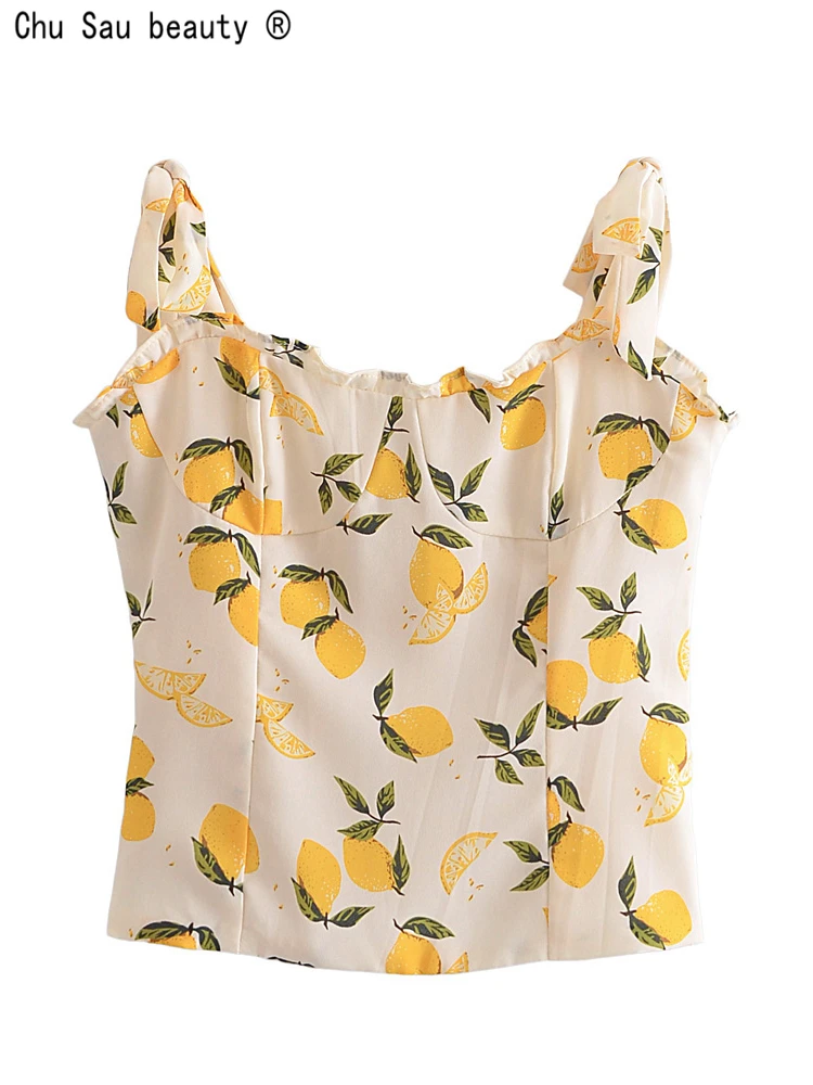 

Новинка лета 2022, французская винтажная женская кофта со шнуровкой и принтом лимона в виде грибка съедобного дерева