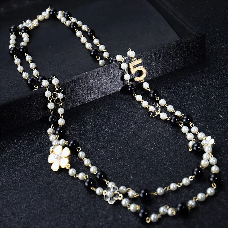 

CC style Camellia pearl necklace long pendants layered collares de moda flower party jewelry