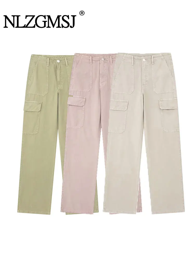 

Nlzgmsj TRAF Women Pant 2023 Loose Cargo Pans Female Wide Leg Pans Lady Straight Pans Casual Pant Pink Trousers