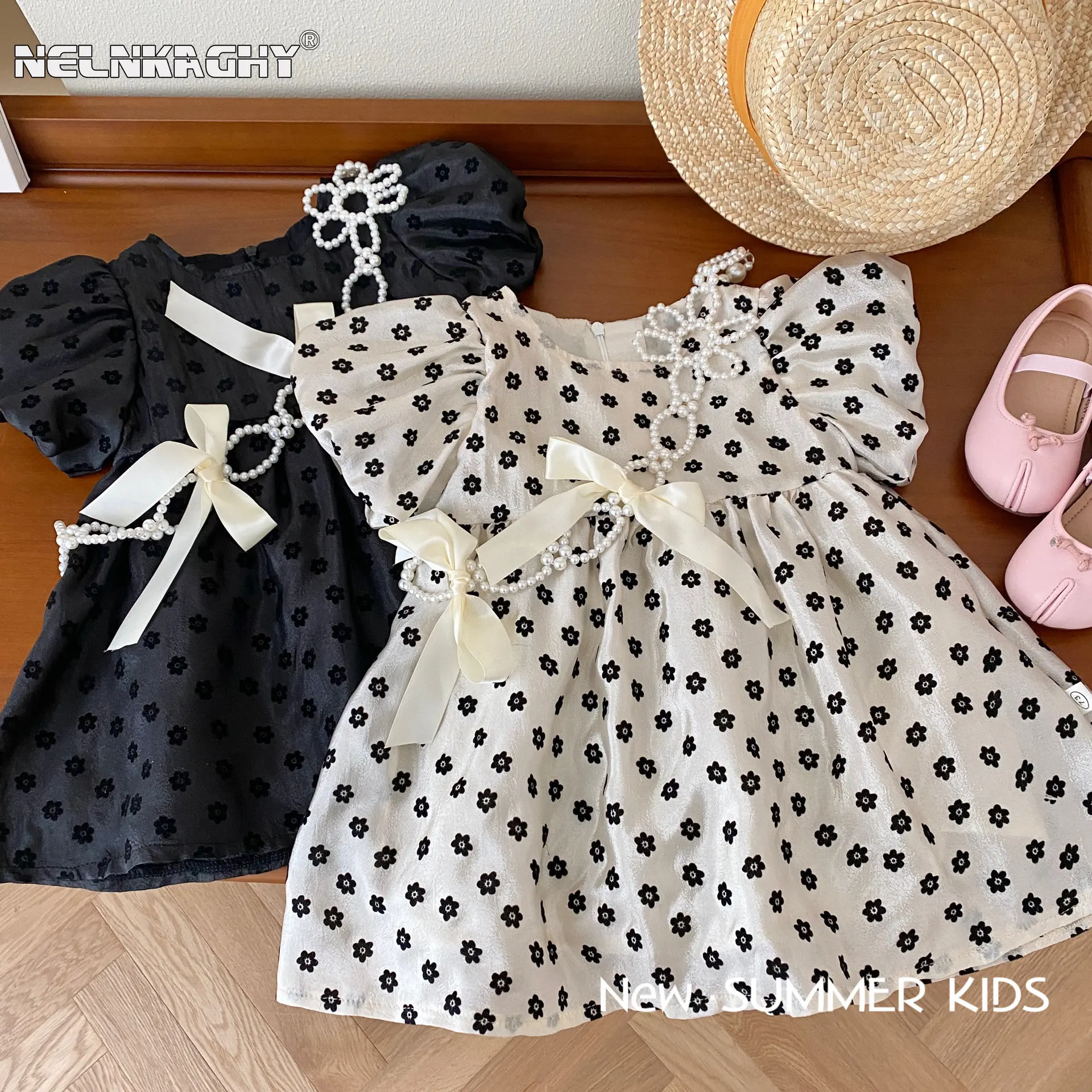 

Floral Dress for Girls 0-6Y: Summer Princess Children Puff Sleeve Pearl Decoration Bow Accent Baby Kids - Simple Fashionable