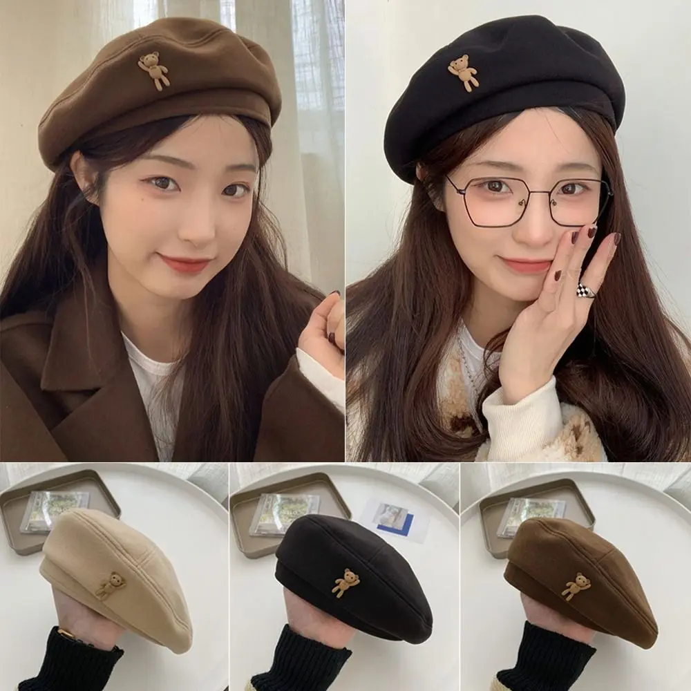 Женский Зимний Элегантный берет с милым медведем, шерстяной однотонный берет, шапка художника