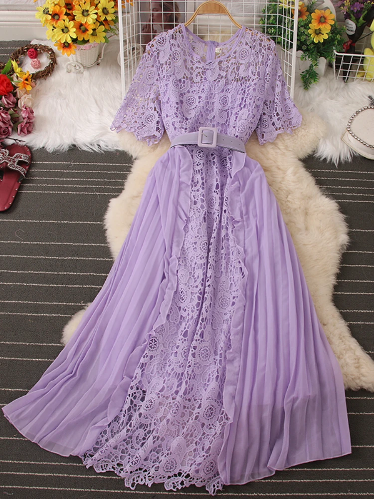 Fitaylor New Summer Hollow Out Chiffon Dress Women Elegant O-neck Lace Patchwork Dress with Belt Fashion Slim A-line Dress
Fitaylor New Summer Hollow Out Chiffon Dress Women Elegant O-neck Lace Patchwork Dress with Belt Fashion Slim A-line Dress