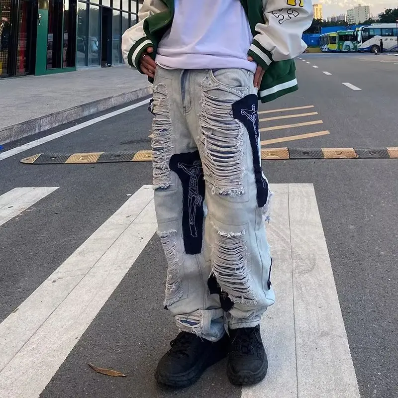 American High Street Distressed Embroidered Ripped Mens Jeans Loose Straight Hiphop Brand Frayed Wide-leg Trend Trouser for Men
American High Street Distressed Embroidered Ripped Mens Jeans Loose Straight Hiphop Brand Frayed Wide-leg Trend Trouser for Men