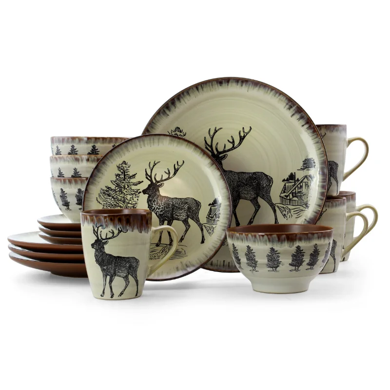 

Elama Majestic Elk 16 Piece Round Stoneware Dinnerware Set in Taupe dinner set dishes and plates sets
