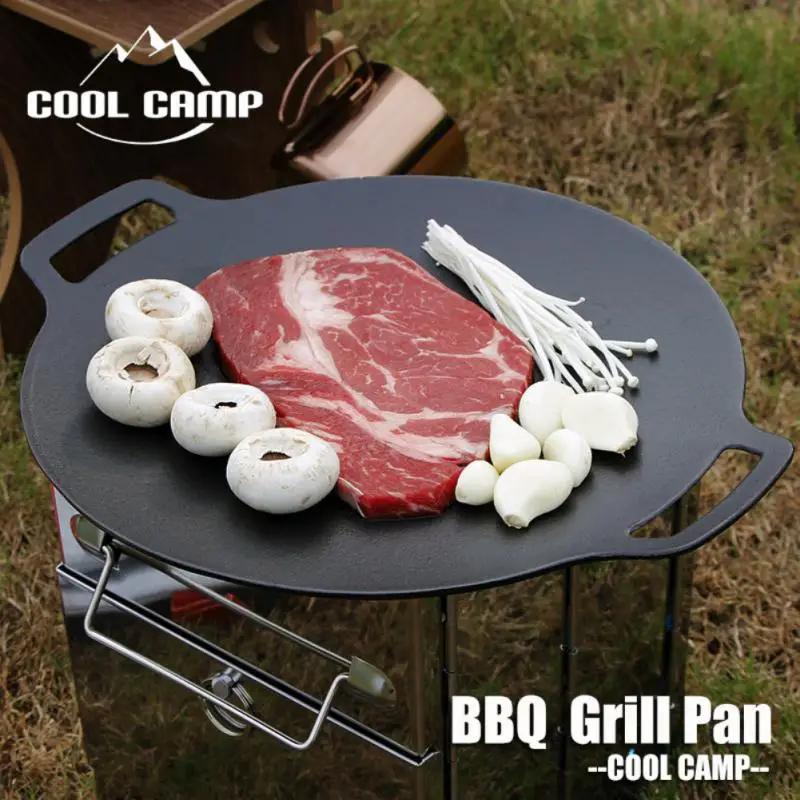 

Outdoor Camping Enamel Cast Iron Barbecue Plate Round Steak Frying Pan Gas Induction Cooker Open Flame Iron Wok