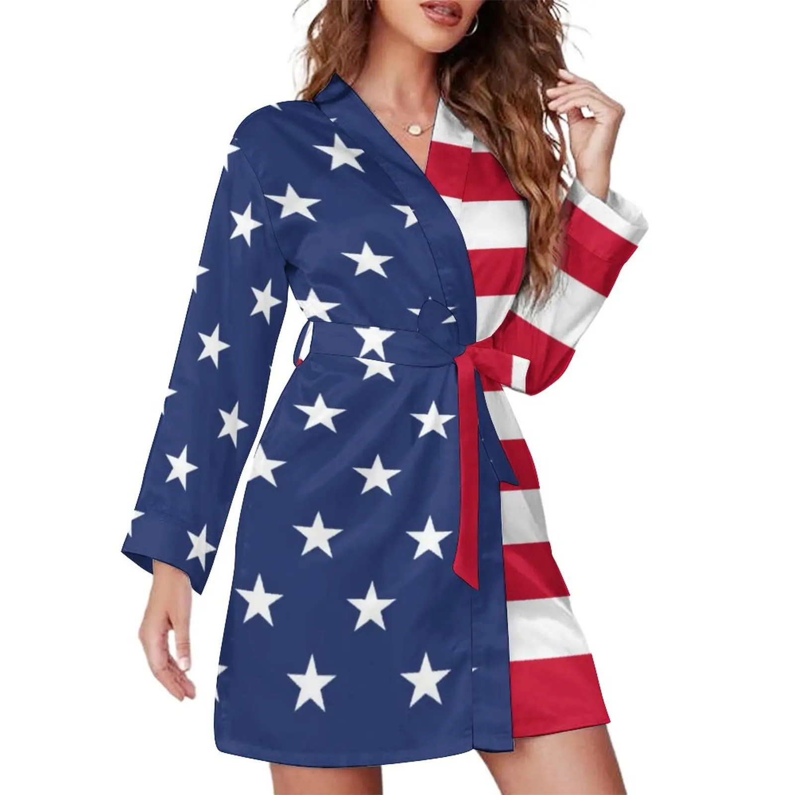 USA Flag Half And Half Pajama Robe Stars and Stripes Long Sleeve Casual Pajamas Robes Women V Neck Romantic Bathrobe Print Dress
USA Flag Half And Half Pajama Robe Stars and Stripes Long Sleeve Casual Pajamas Robes Women V Neck Romantic Bathrobe Print Dress