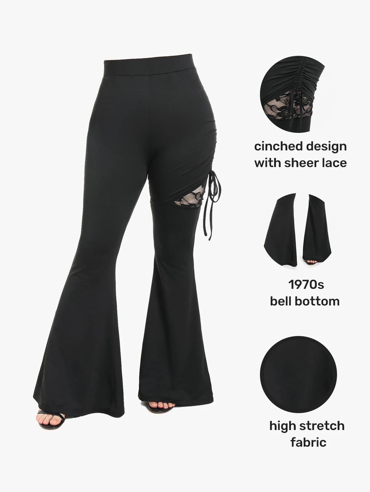 

ROSEGAL Plus Size Lace Panel Cinched Flare Pants Black High Waist Ruched Pleated Skinny Trousers Women's Bell Bottom Pants Mujer