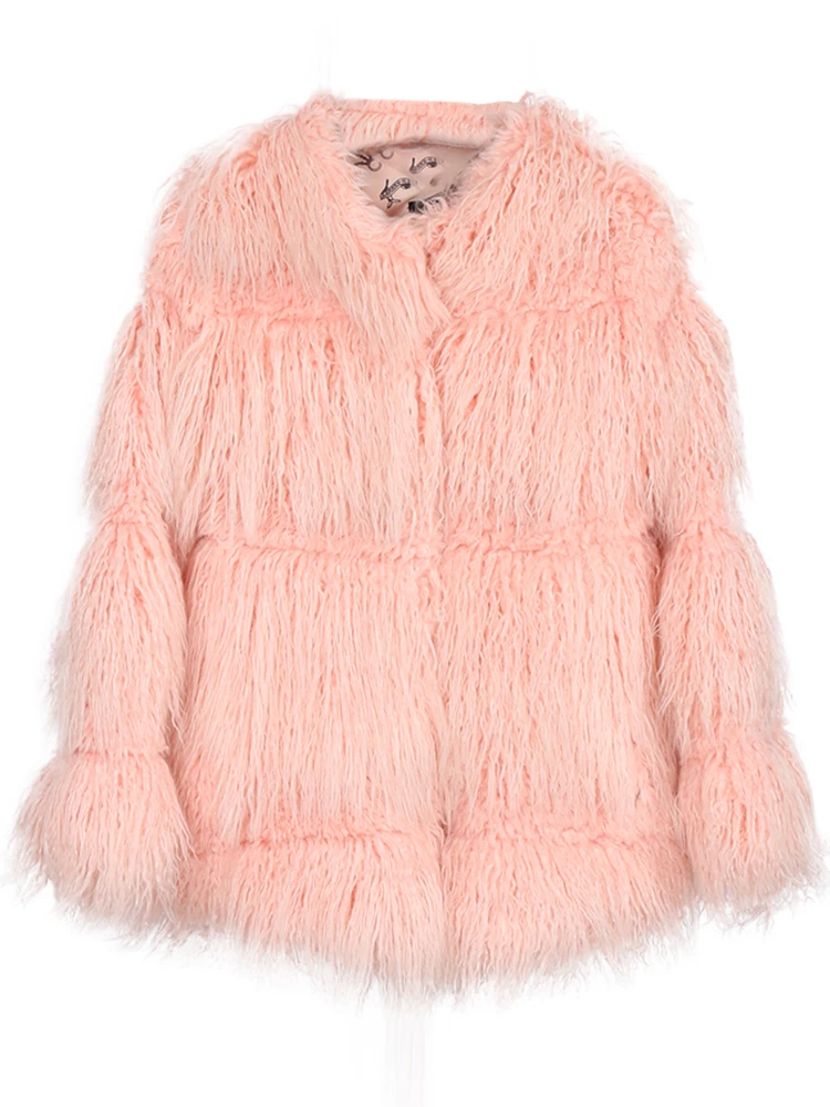 Nerazzurri Winter Short Pink Thick Warm Soft Cute Shaggy Striped Fluffy Faux Fur Jacket Women Luxury Hairy Mongolian Fur Coat
Nerazzurri Winter Short Pink Thick Warm Soft Cute Shaggy Striped Fluffy Faux Fur Jacket Women Luxury Hairy Mongolian Fur Coat