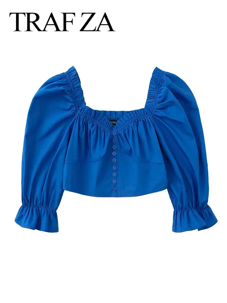 TRAF ZA Solid Royal Blue Shirt Fungus Side Square Collar Raglan Bubble Half Sleeve Button Cropped Navel Short Top Elastic Slim
TRAF ZA Solid Royal Blue Shirt Fungus Side Square Collar Raglan Bubble Half Sleeve Button Cropped Navel Short Top Elastic Slim