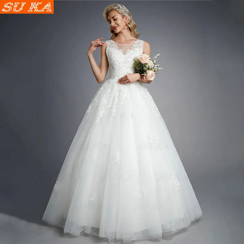 Simple White New Bridal Wedding Dress Lace Applique Round Neck Hollow Backless Lace-up Floor Length Puff Vestidos De Noiva
Simple White New Bridal Wedding Dress Lace Applique Round Neck Hollow Backless Lace-up Floor Length Puff Vestidos De Noiva