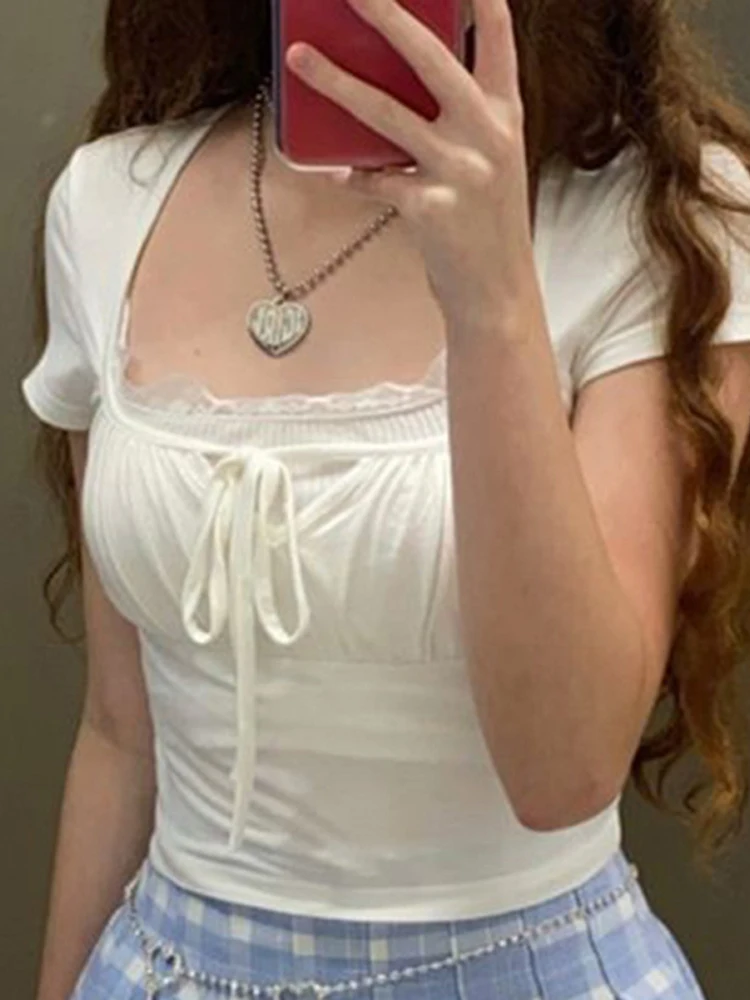 Casual White Knitted Lac Patched Female T-shirts Y2K Korean Style Slim Tie Up Shirring Summer Top Tee Folds Outfits
Casual White Knitted Lac Patched Female T-shirts Y2K Korean Style Slim Tie Up Shirring Summer Top Tee Folds Outfits