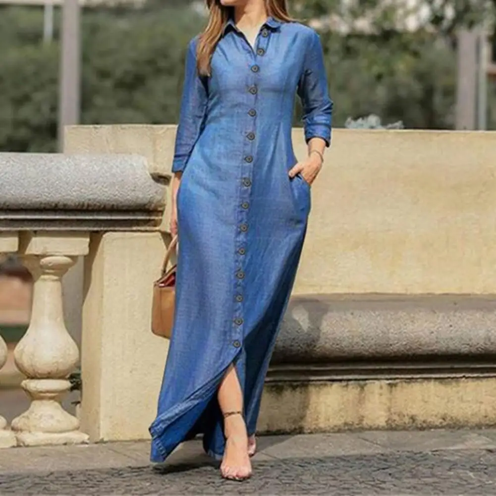 Dress Women Dress Solid Color 3/4 Sleeve Turn-Down Collar Two Pockets Single Breasted Denim Maxi Ladies Clothing
Dress Women Dress Solid Color 3/4 Sleeve Turn-Down Collar Two Pockets Single Breasted Denim Maxi Ladies Clothing