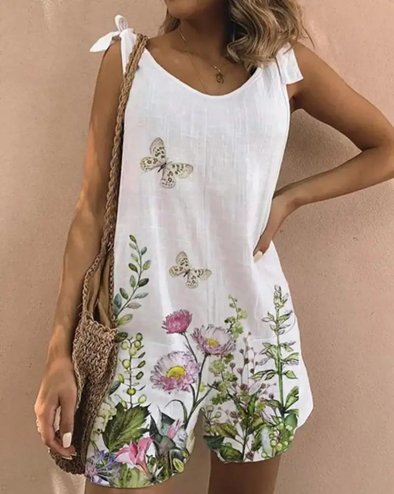 

Fashion Casual One-Piece Elegance Bodysuit Office Beach Wear Jumpsuit Women Short Floral Butterfly Print Tied Detail Romper