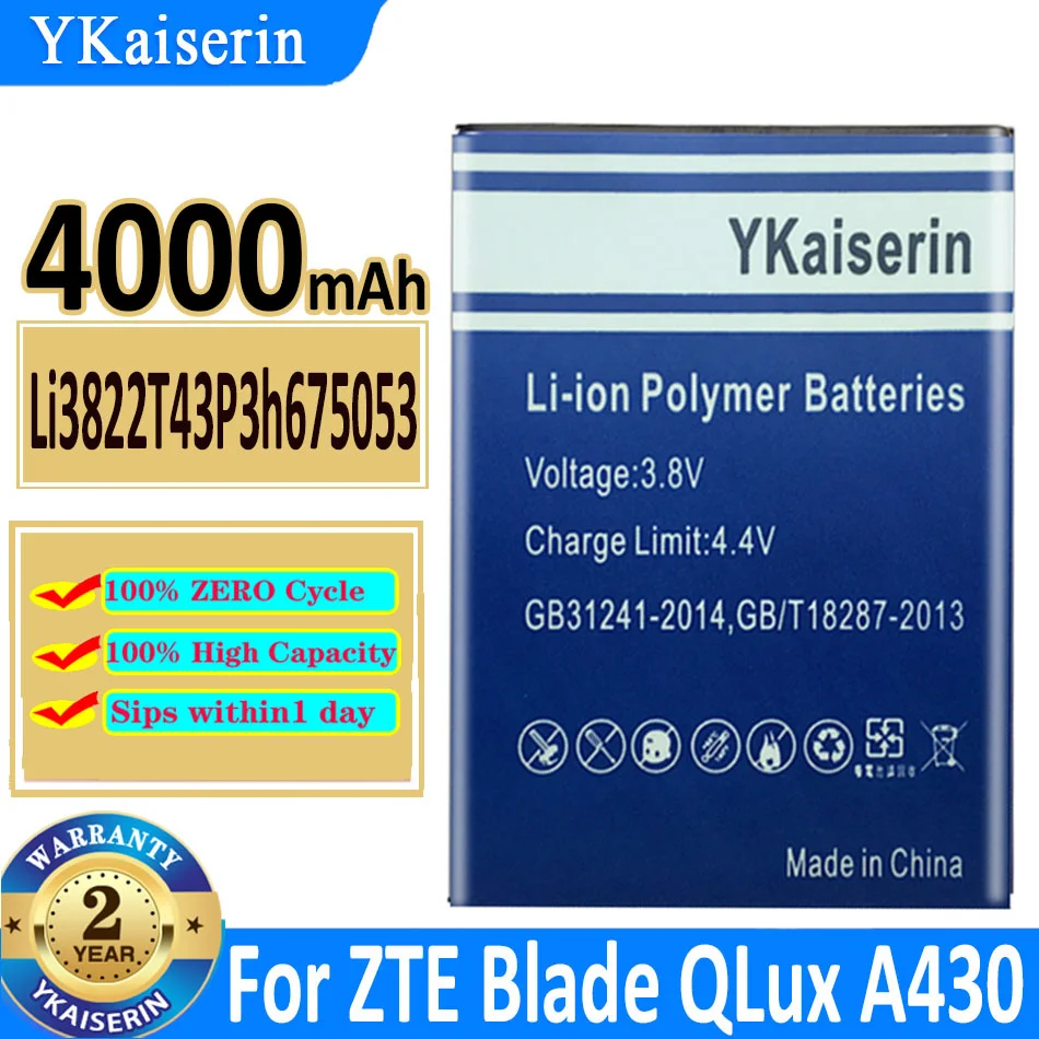 

Аккумулятор ykaisin Li3822T43P3h675053 4000 мАч для ZTE Blade QLux Q Lux A430 Q Lux 3g 4g батарея + номер отслеживания
