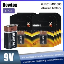 8PCS Original Dewtox High Performance 9V 6F22 PPP3 6LR61 MN1604 Alkaline Battery for MP3 Walkman Wireless Doorbell Headset