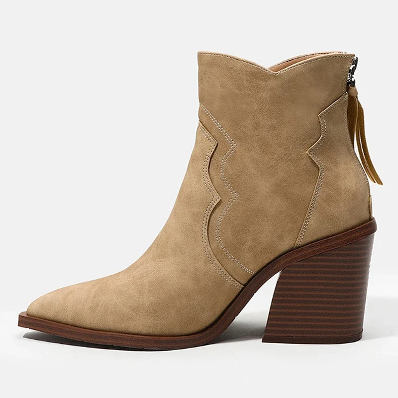 

Ботинки женские на массивном деревянном каблуке, однотонная кожаная обувь, заостренный носок, танкетка, ковбойские полуботинки Челси