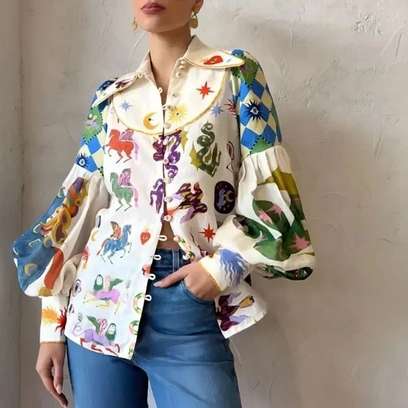 

Turn Down Collar Lantern Sleeve Cardigan Shirt Fashion Personalized Graffiti Print Blouse Women Tops Long Sleeve Clothes 30382