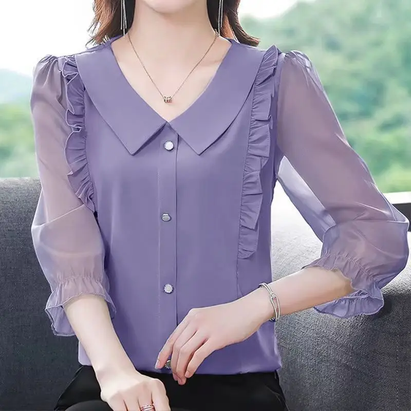 Summer New Patchwork Pleated Loose Shirt Tops 3/4 Sleeve Peter Pan Collar Solid Color Blouse Fashion Elegant Women Clothing
Summer New Patchwork Pleated Loose Shirt Tops 3/4 Sleeve Peter Pan Collar Solid Color Blouse Fashion Elegant Women Clothing