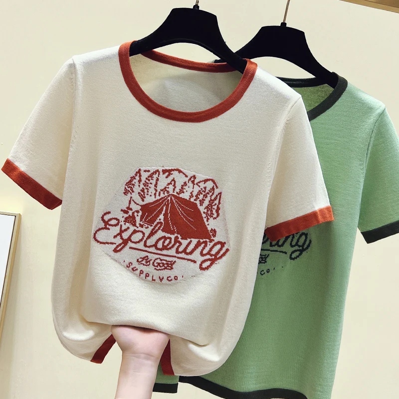 2023 Summer Letter Short Sleeve Knitted Sweater Women Pullovers Korean O Neck Ice Silk Oversized Knitwear Tops Femme Jumper
2023 Summer Letter Short Sleeve Knitted Sweater Women Pullovers Korean O Neck Ice Silk Oversized Knitwear Tops Femme Jumper
