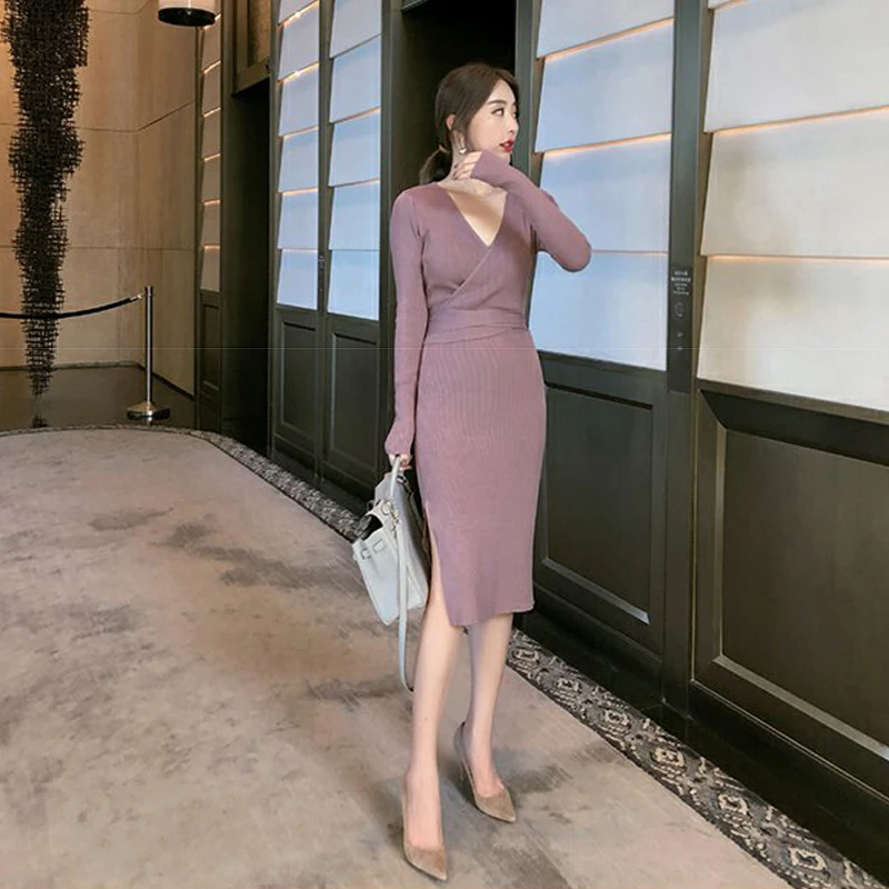 Autumn Winter Korean New V-neck Midi Sweater Dresses Split Slim Thin Long Sleeve Sexy Wool Knitted Dresses Pull Femme 773A
Autumn Winter Korean New V-neck Midi Sweater Dresses Split Slim Thin Long Sleeve Sexy Wool Knitted Dresses Pull Femme 773A