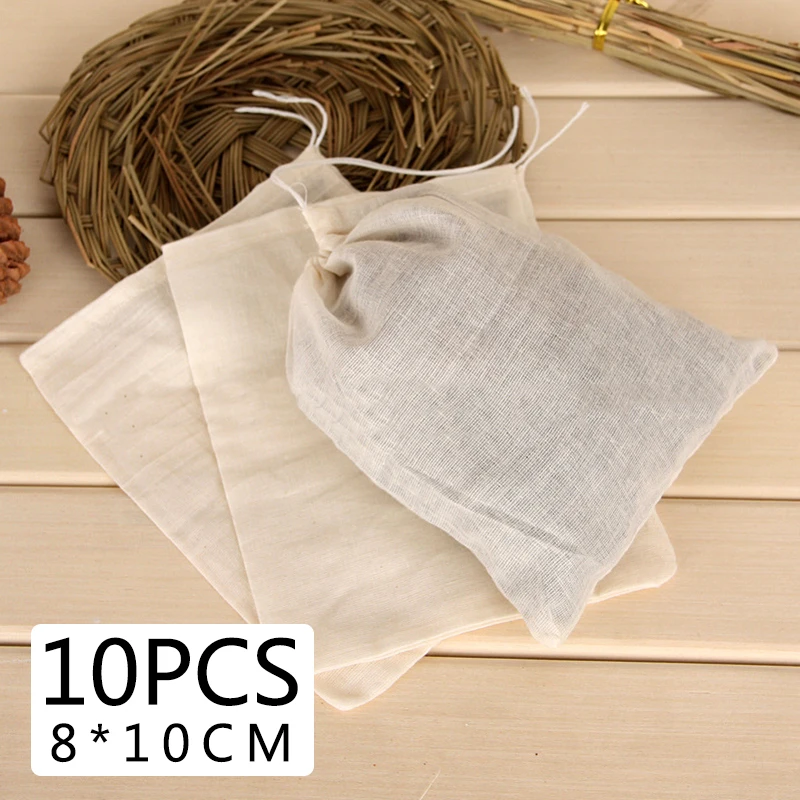 

Heat Seal Filter Bag 10pcs Teabags Cotton Drawstring Empty For Tea Separate Spice 8x10cm Straining Tea Cooking
