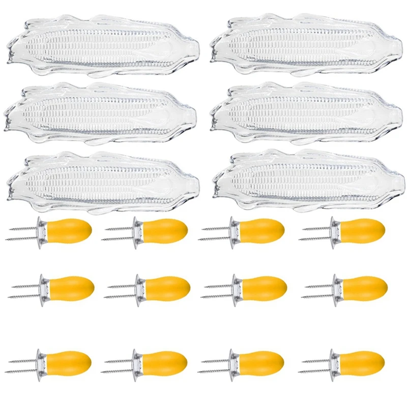 

12 Pack Corn Trays + 24 Pcs Corn Cob Holders Plastic Corn Dishes Service Tray Transparent Cob Dinnerware For Butter Corn