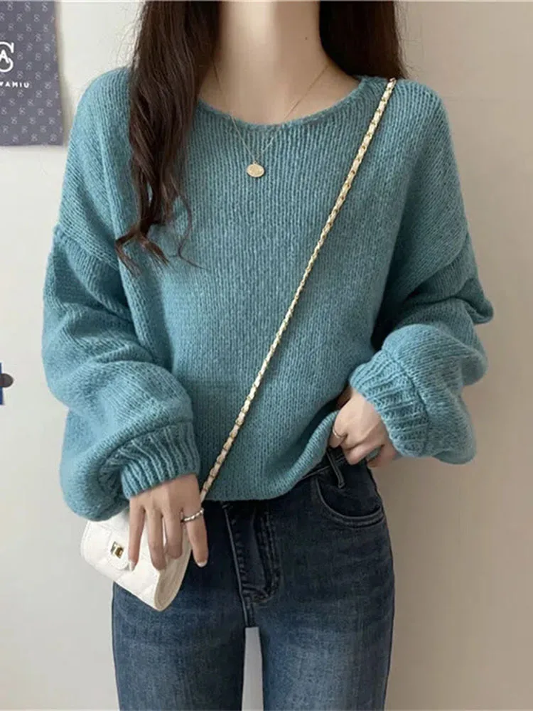 Женский осенне-зимний свитер, вязаная накидка с рукавами-фонариками в Корейском стиле, уникальный модный и простой свитер с напуском, D4772