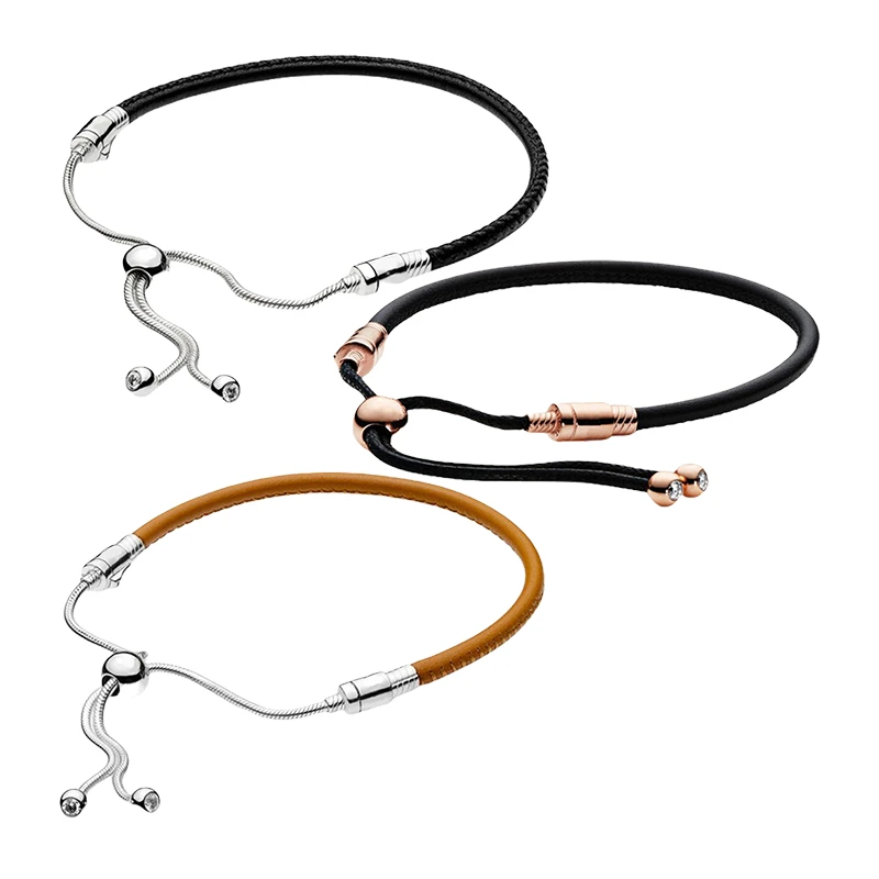 

Sliding Clasp Leather Charm Bracelets For Women Jewelry 925 Sterling Silver Rose Gold Bolo Closure End Caps Zircon Stones 28cm