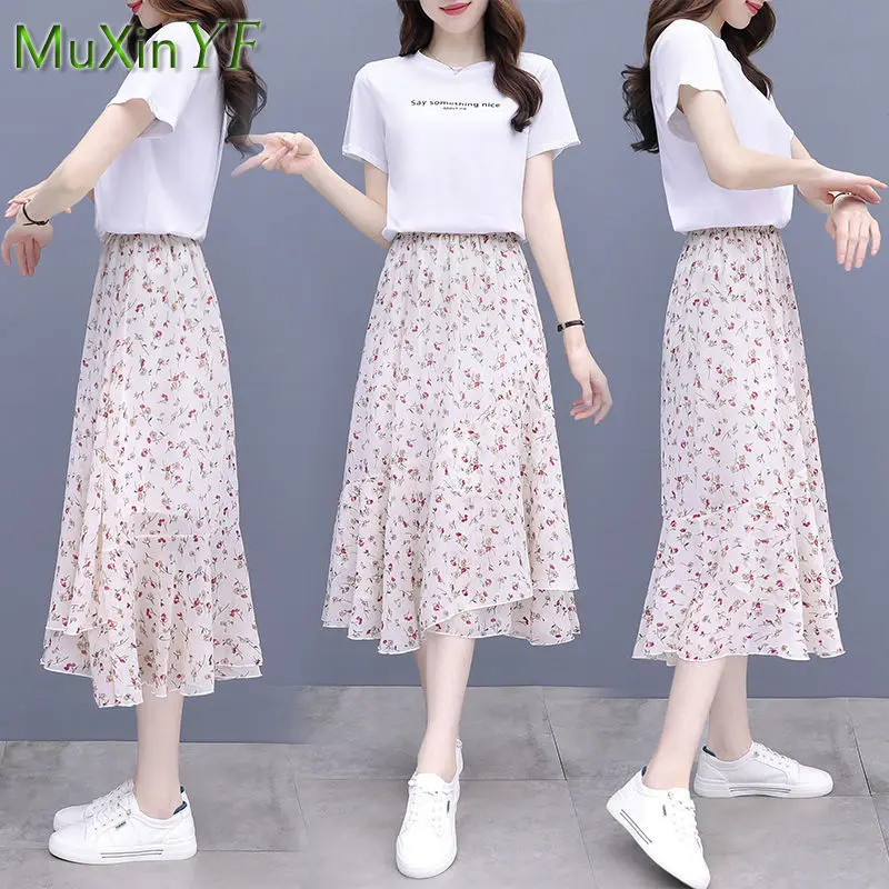 Women's Summer Skirt Suit 2022 New Short Sleeve T-Shirt Floral Chiffon Midi Skirts Two Piece Korean Style Elegant Fashion Set 
Women's Summer Skirt Suit 2022 New Short Sleeve T-Shirt Floral Chiffon Midi Skirts Two Piece Korean Style Elegant Fashion Set