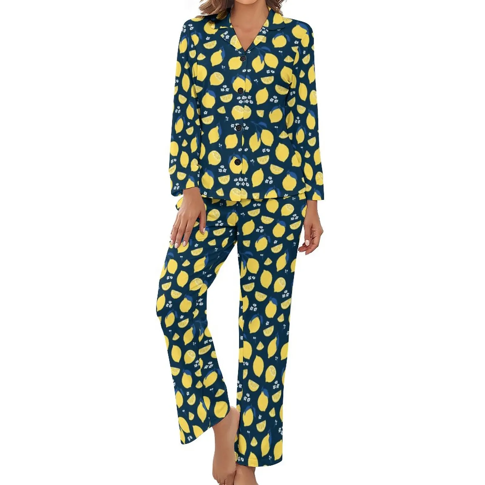 Yellow Fruit Print Pajamas 2 Pieces Lemon Pattern Cute Pajama Sets Woman Long Sleeves V Neck Casual Print Home Suit
Yellow Fruit Print Pajamas 2 Pieces Lemon Pattern Cute Pajama Sets Woman Long Sleeves V Neck Casual Print Home Suit