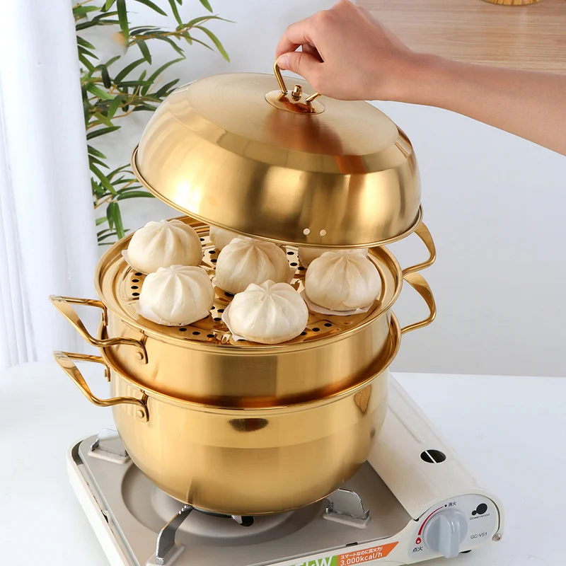 3 layers Steamer Pot Stainless Steel Cookware Gold Cooking Pots Boiler Tools Soup Pot Cooking Pots for Cooker Gas Stove 
3 layers Steamer Pot Stainless Steel Cookware Gold Cooking Pots Boiler Tools Soup Pot Cooking Pots for Cooker Gas Stove