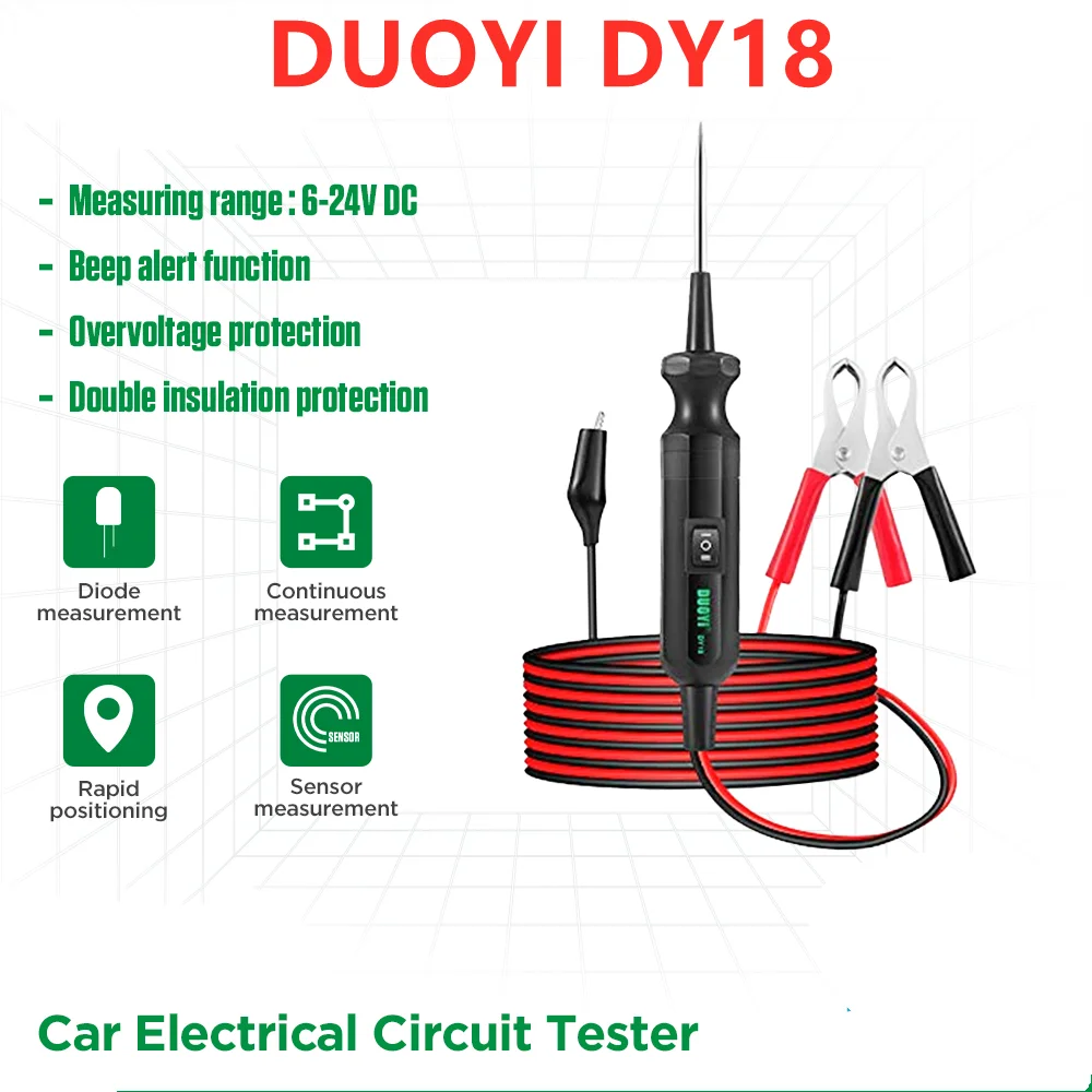 Автомобильный тестер электрической цепи DUOYI DY18, датчик мощности 6-24 В постоянного тока, авторучка, диагностические инструменты для автомобиля, тестер цепи, сканер A ++
Автомобильный тестер электрической цепи DUOYI DY18, датчик мощности 6-24 В постоянного тока, авторучка, диагностические инструменты для автомобиля, тестер цепи, сканер A ++