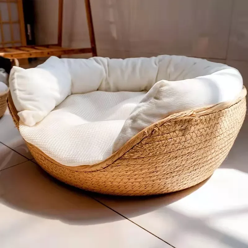 

Pet Bed Cat Mat Kennel Dog Beds Sofa Bamboo Weaving Four Season Cozy Nest Baskets Waterproof Removable Cushion Sleeping Bag