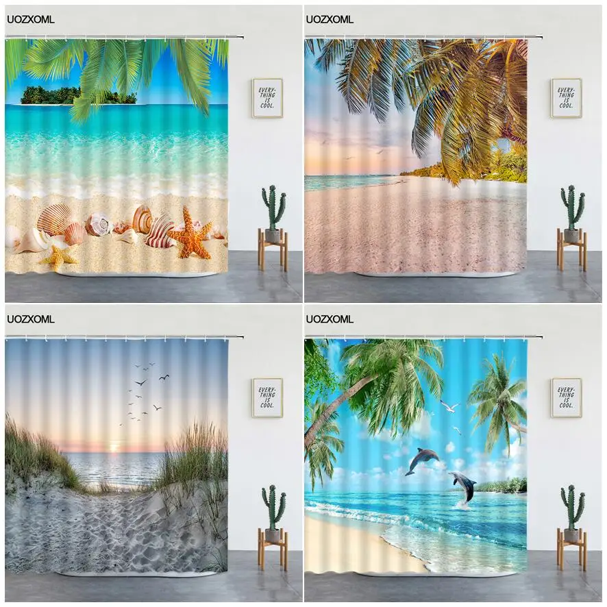 

Island Beach Shower Curtains Dolphin Starfish Conch Bird Coconut Tree Sea Waves Nature Scenery Fabric Bathroom Decor Curtain Set