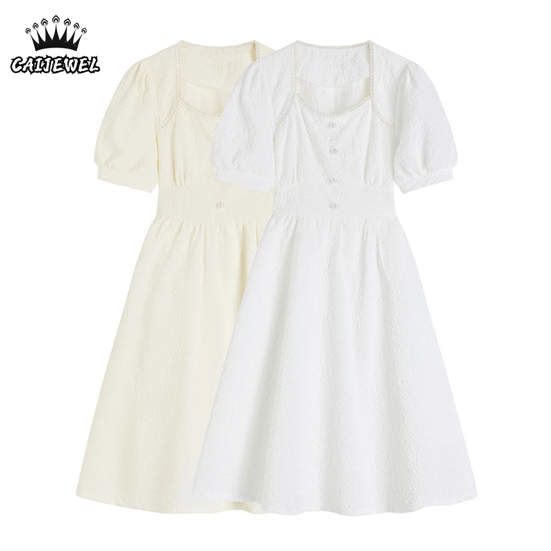 Women's French Dress Square Neck Pearl Puff Short Sleeve Vintage High Waist Casual Fashion Baggy Long Skirt Ladies Summer
Women's French Dress Square Neck Pearl Puff Short Sleeve Vintage High Waist Casual Fashion Baggy Long Skirt Ladies Summer