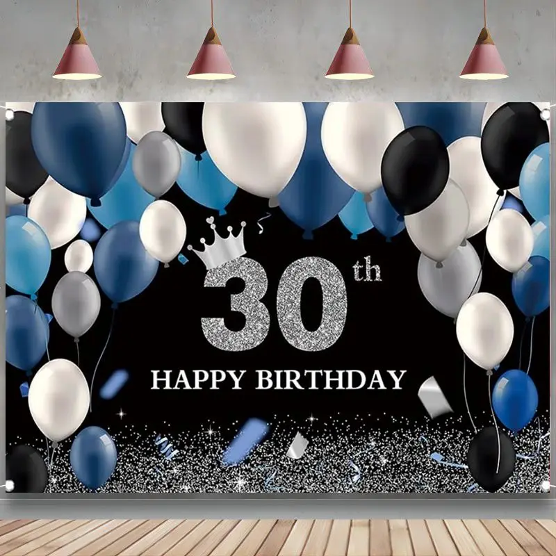 

Черно-серебряный фон на 30-й день рождения темно-синие и белые воздушные шары Корона 30 украшения для дня рождения тридцать баннеров