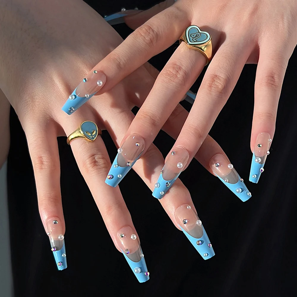 

24 шт. алмазные накладные Синие французские ногти блестящие стразы дизайн длинный гроб балерина нажимные накладные ногти полное покрытие на...
