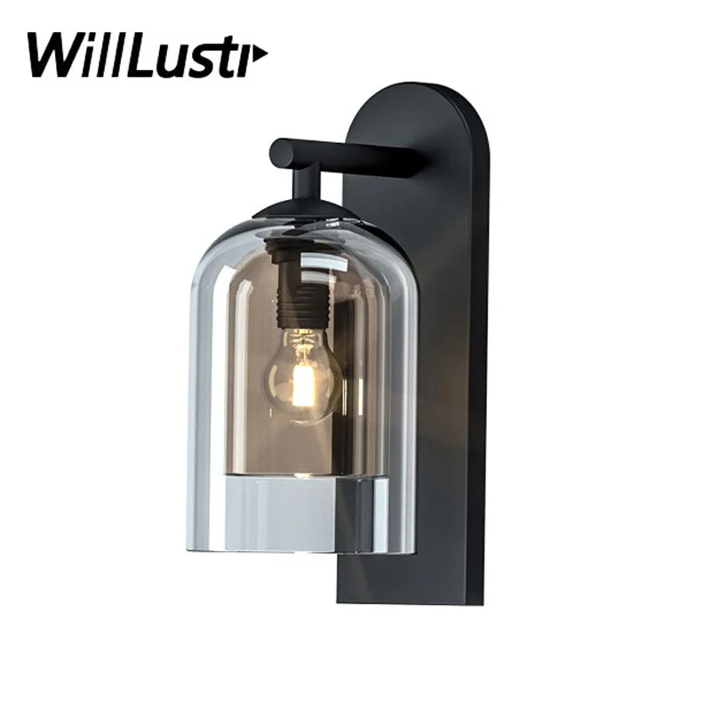 

Modern Two-Layer Glass Wall Lamp Industrial Iron Sconce Hallway Aisle Bedside Balcony Cafe Cognac Smoke Double Glazing Light