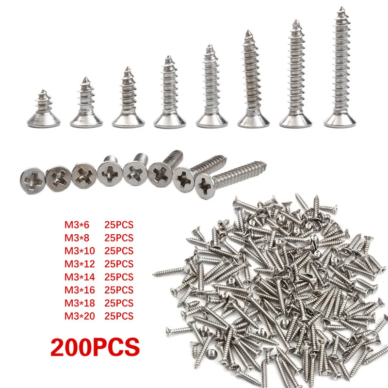 200Pcs M3*6/8/10/12/14/16/18/20 Stainless Steel Flat Head Screw Cross Countersunk Head Tapping Screw Assortment Kits
200Pcs M3*6/8/10/12/14/16/18/20 Stainless Steel Flat Head Screw Cross Countersunk Head Tapping Screw Assortment Kits