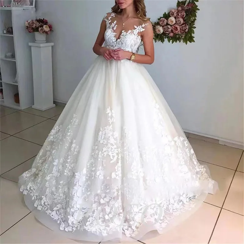

POEO Plus Size Elegant Wedding Dresses Illusion Scoop Cap Sleeves Modern Lace Appliques A-Line Imperial High Waist Banquet