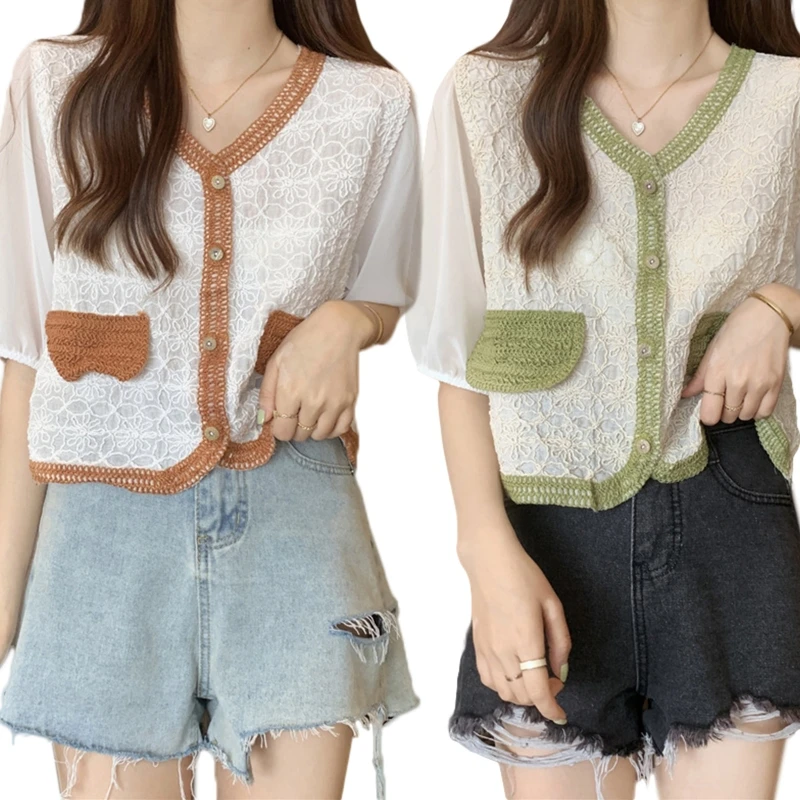 MXMB Women's Chiffon Blouse Tops Sweet Lace T-shirts Tops Fashion Embroidered Cardigan Patchwork T-shirt Tops for Summer
MXMB Women's Chiffon Blouse Tops Sweet Lace T-shirts Tops Fashion Embroidered Cardigan Patchwork T-shirt Tops for Summer